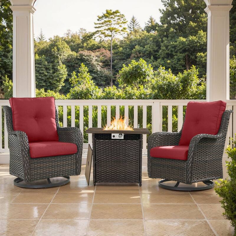 Gymojoy 3-Piece Outdoor Chair Set with Swivel Chairs & 55K BTU Fire Pit Table - Brown Wicker / Red Cusion - 3-Piece