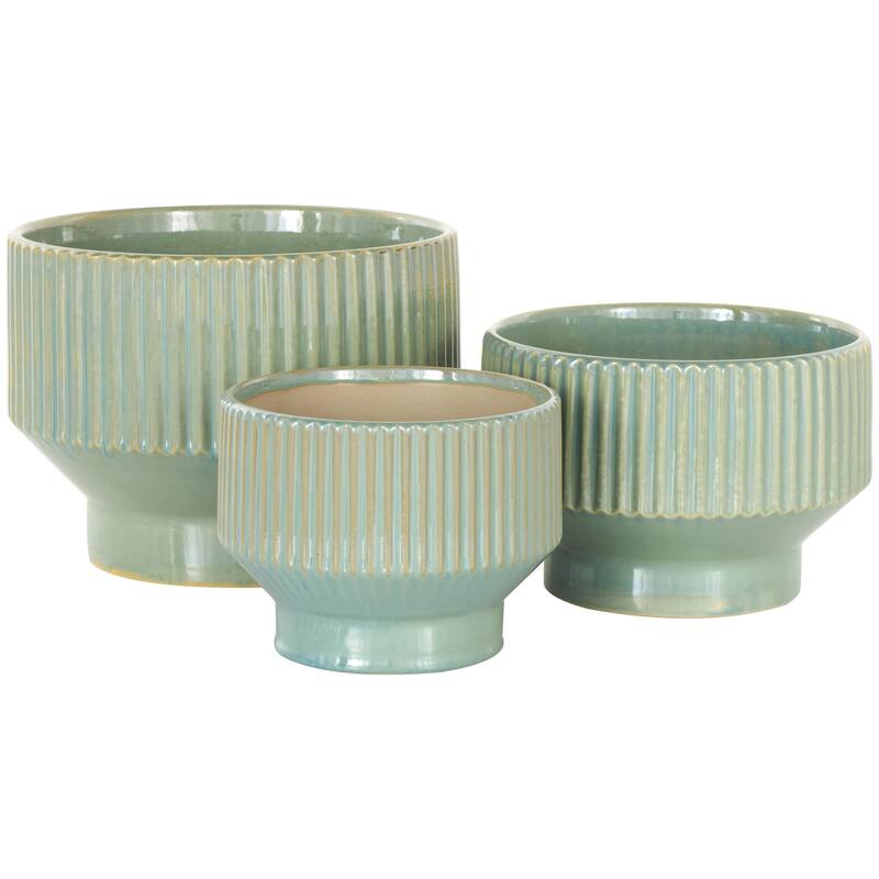 Ceramic Wide Indoor Outdoor Planter with Linear Grooves and Tapered Bases - Set of 3 Green, White, Cream - Roche River Decor