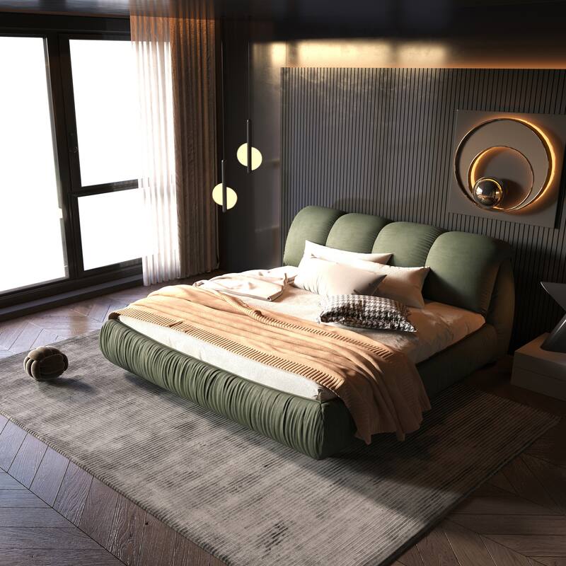 King Size Upholstered Platform Bed with Oversized Padded Backrest