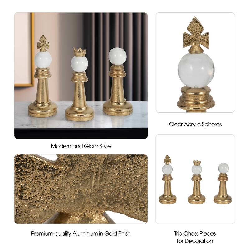 Sagebrook Home 8/9/10" Turin Gold Chess Pieces, Home Furnishings Decorative Accents, Set of 3 - 4" x 4" x 10"