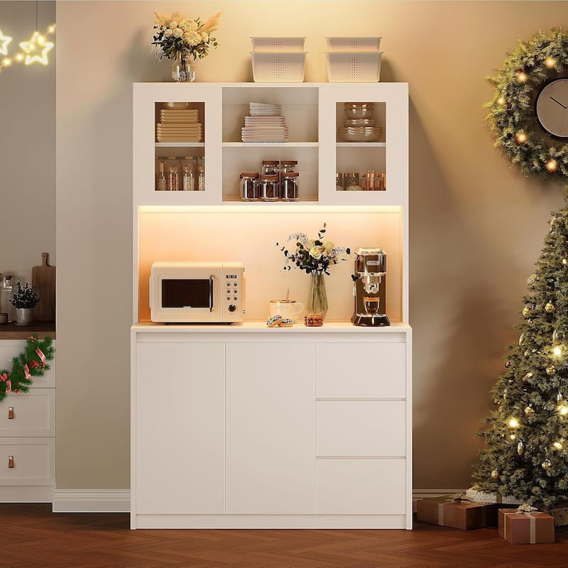 71" Tall Pantry Cabinet with Charging Station and Led Lights, Kitchen Hutch with Microwave Stand for Dining Room, Living Room - White