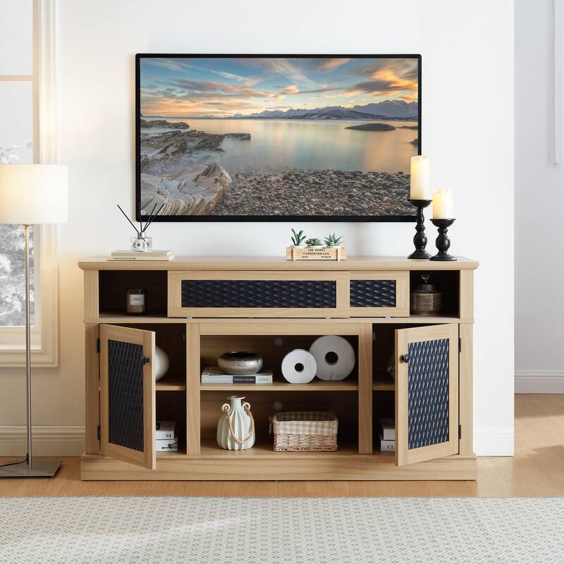 Embossed Pattern TV Stand, TV and Media Console with Open and Closed Storage Space and sliding door