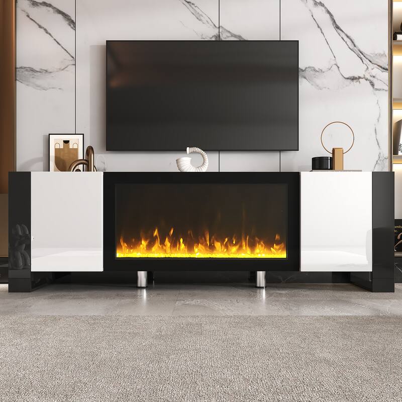Modern High Gloss Finish V Stand with 34.2" Non-heating Electric Fireplace, Entertainment Center with 2 Cabinets