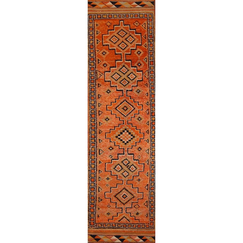 Orange / Geometric Oushak Vintage Runner Rug Handmade Wool Carpet - 2'8"x 11'4"