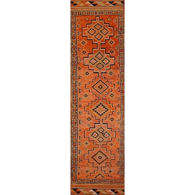Orange / Geometric Oushak Vintage Runner Rug Handmade Wool Carpet - 2'8"x 11'4"