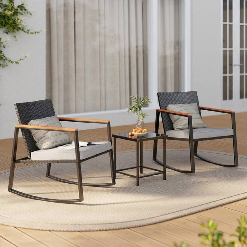 3 Pieces Rocking Patio Bistro Set with Anti-Scald Armrest, Outdoor Patio Wicker Furniture Set with Glass Table and Cushion