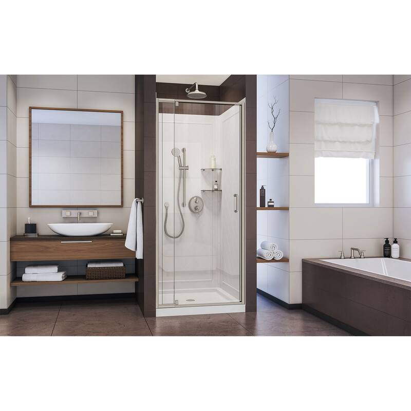 DreamLine Flex 36 in. D x 36 in. W x 76 3/4 in. H Pivot Shower Door, Shower Base and Backwall Kit - 36" x 36"