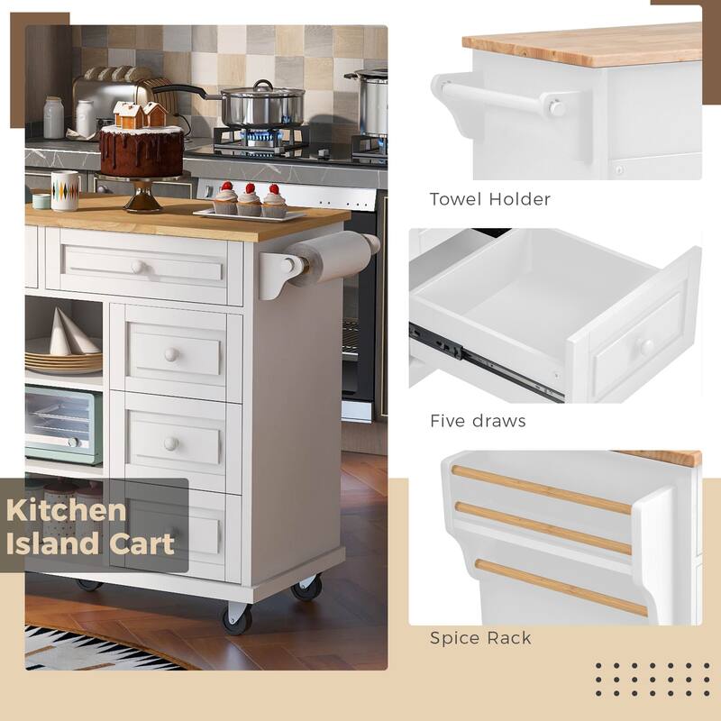 Roomfitters Kitchen Cart with Rubber wood Desktop - Rolling Mobile Kitchen Island with Storage and 5 Drawers, 53 Inch Length