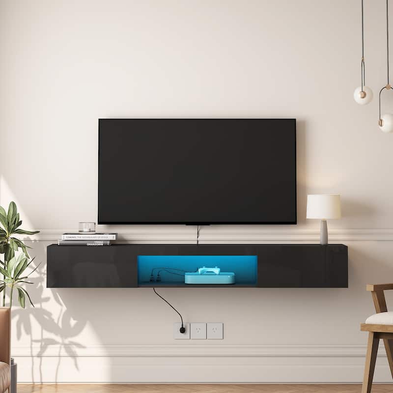 63" Floating TV Stand with Storage, LED Lights & Power Outlet for TVs Up to 60"