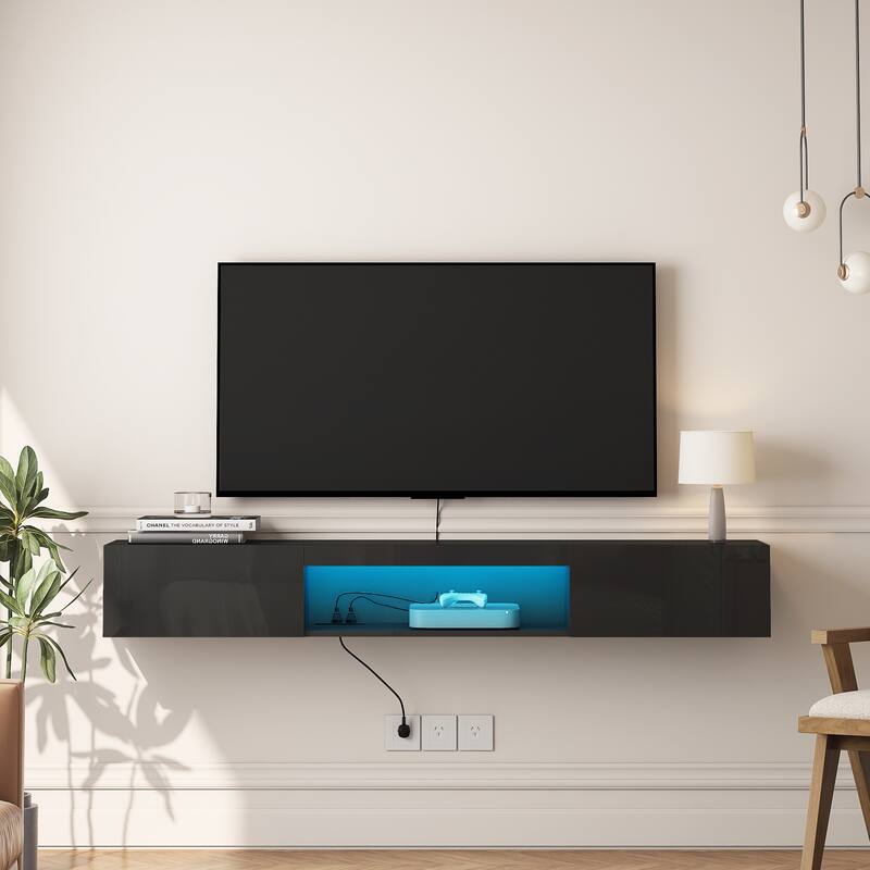Floating TV Stand Wall Mounted with 16 Color LEDs, 63" Modern TV Stand, Entertainment Center with Open Storage Compartment