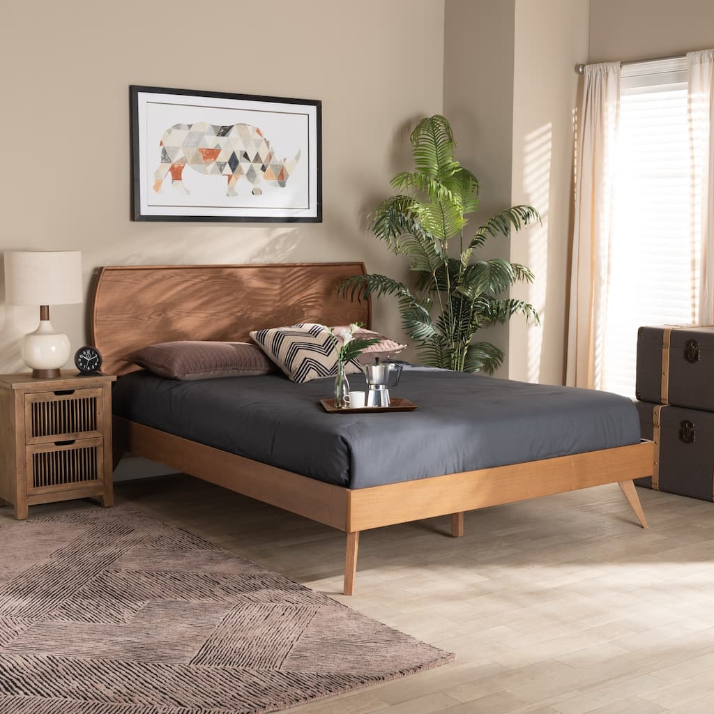 Mid-Century Modern Walnut Brown Wood King Platform Bed with Curved Headboard for Stylish Bedrooms