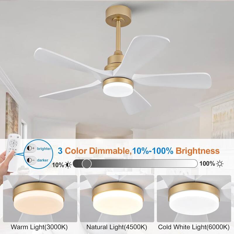 42/52 Inch Ceiling Fan,Electric Fan with Lights & Remote Control,Dimmable 3-Color LED