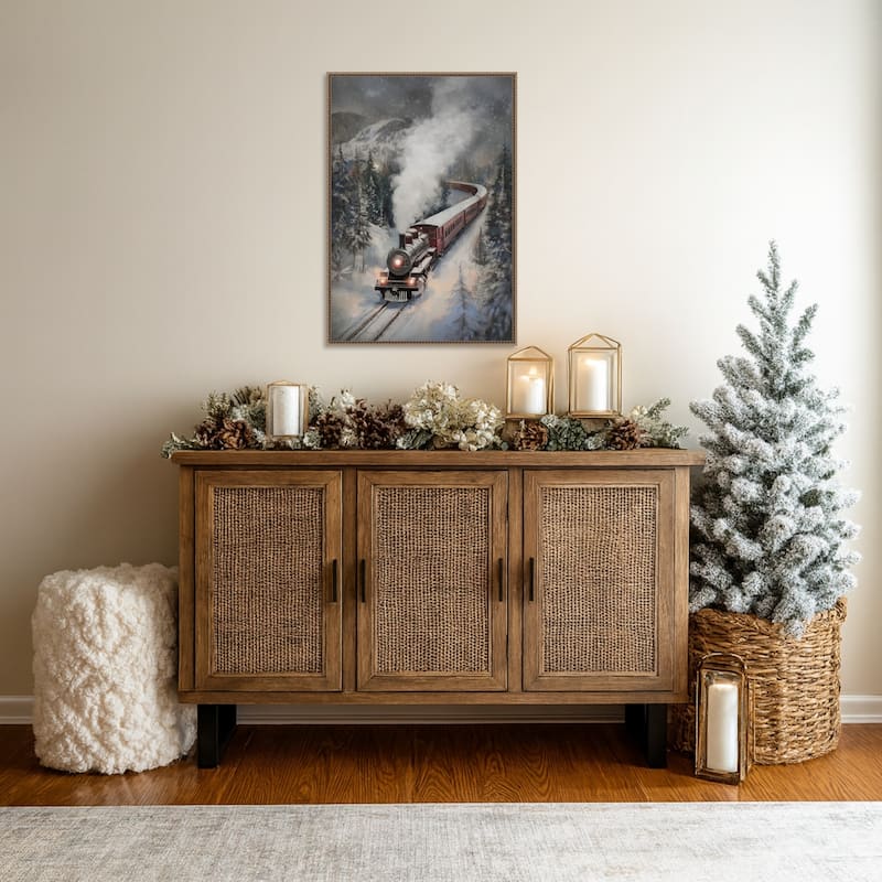 Snowfall Steam Train by Melloi Art Prints (23 x 33 in.), Framed Canvas Wall Art Print - Sylvie Beaded Dark Gold