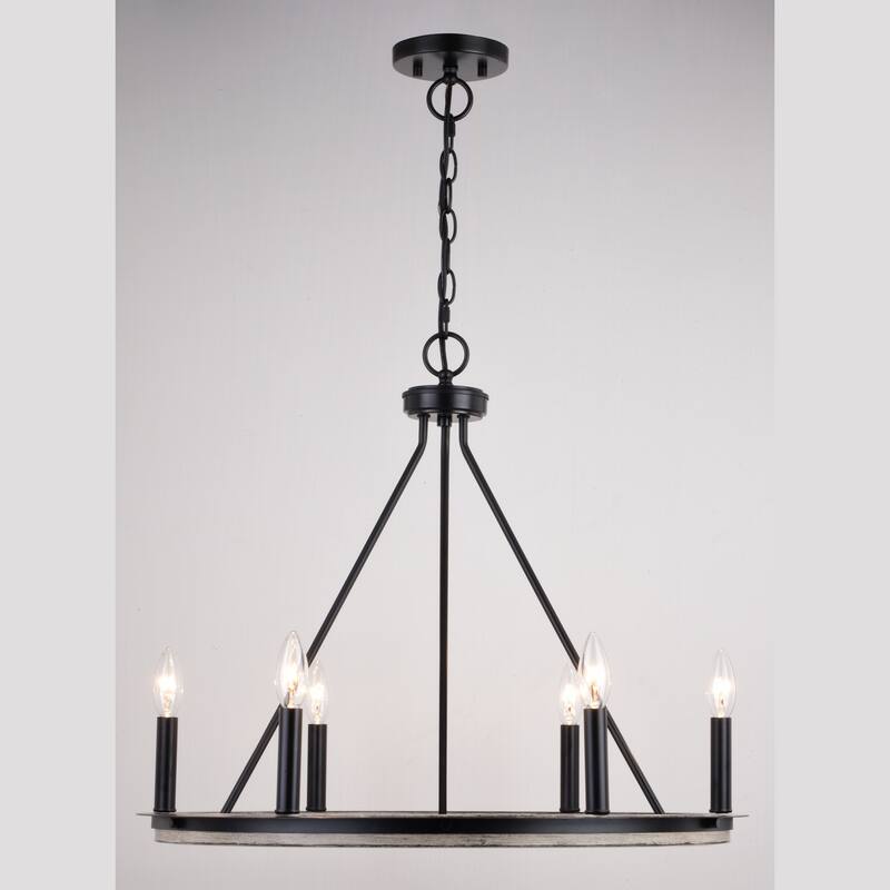 Russel 6 Light Matte Black and Weathered Gray Farmhouse Candle Wheel Chandelier - 24.75-in W x 21.5-in H x 24.75-in D