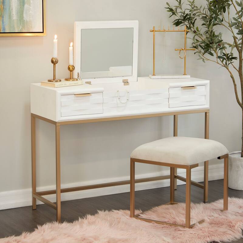 Light Gray Wood Vanity with Stool with Hidden Mirror