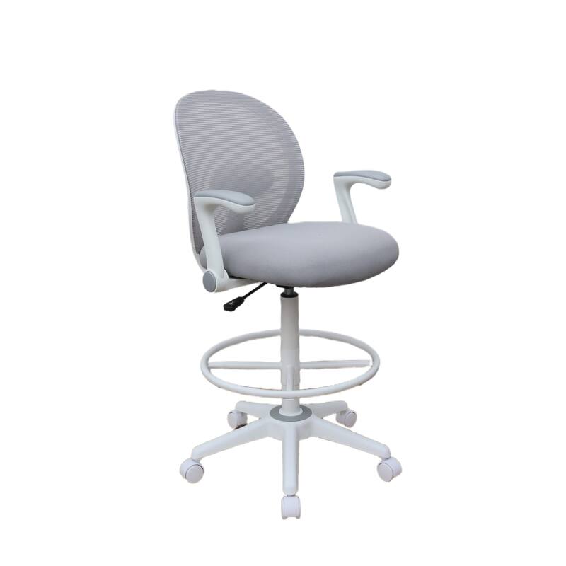 Swivel Office Stool, Flip-Up Arms and White Footring, Gray Mesh Back