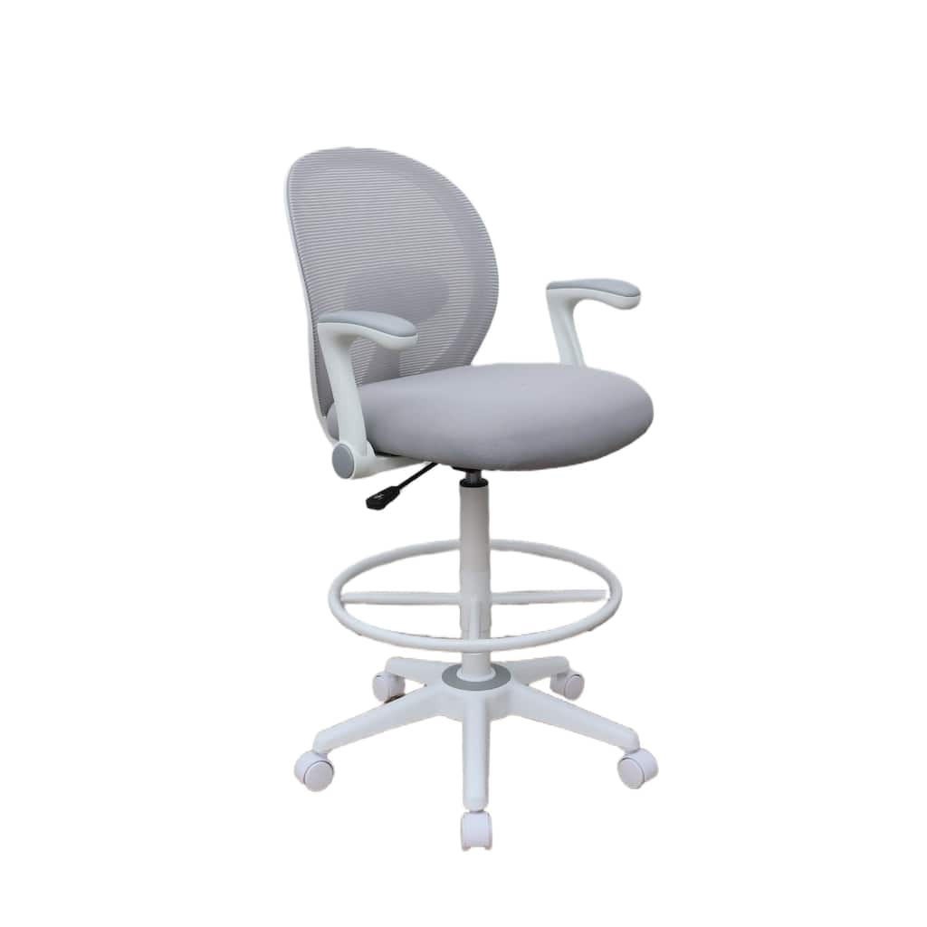Swivel Office Stool, Flip-Up Arms and White Footring, Gray Mesh Back