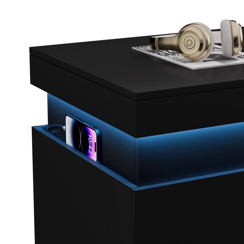 LED Lights Nightstand with Charging Station, Smart Wooden Nightstand, Storage Cabinet with Sliding Top & 3 Drawers