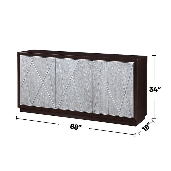 Wooden Console Cabinet with 3 Handle-Free Doors in Metallic Silver and Walnut
