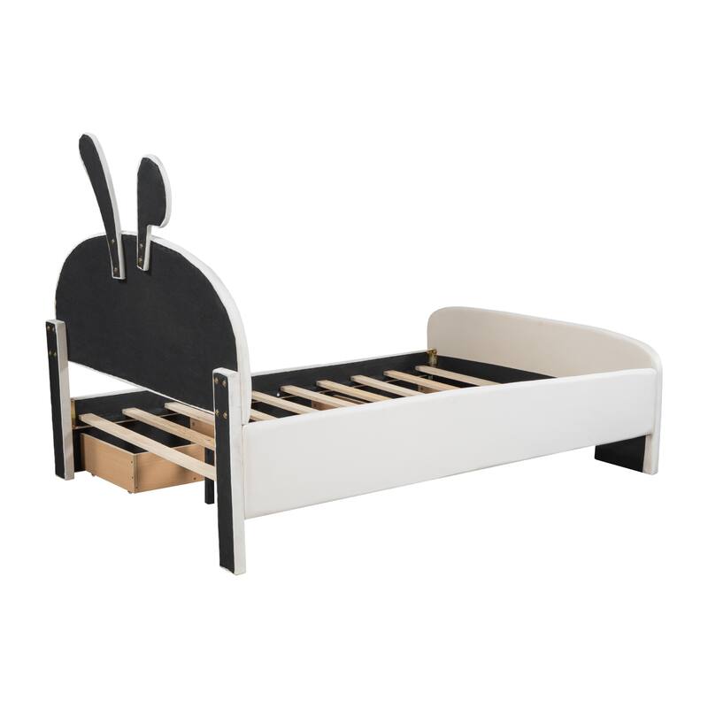 Rabbit-Themed Full Size Velvet Platform Bed with Storage Drawers and Bed-End Pockets - Fun, Practical, and Comfortable for Kids