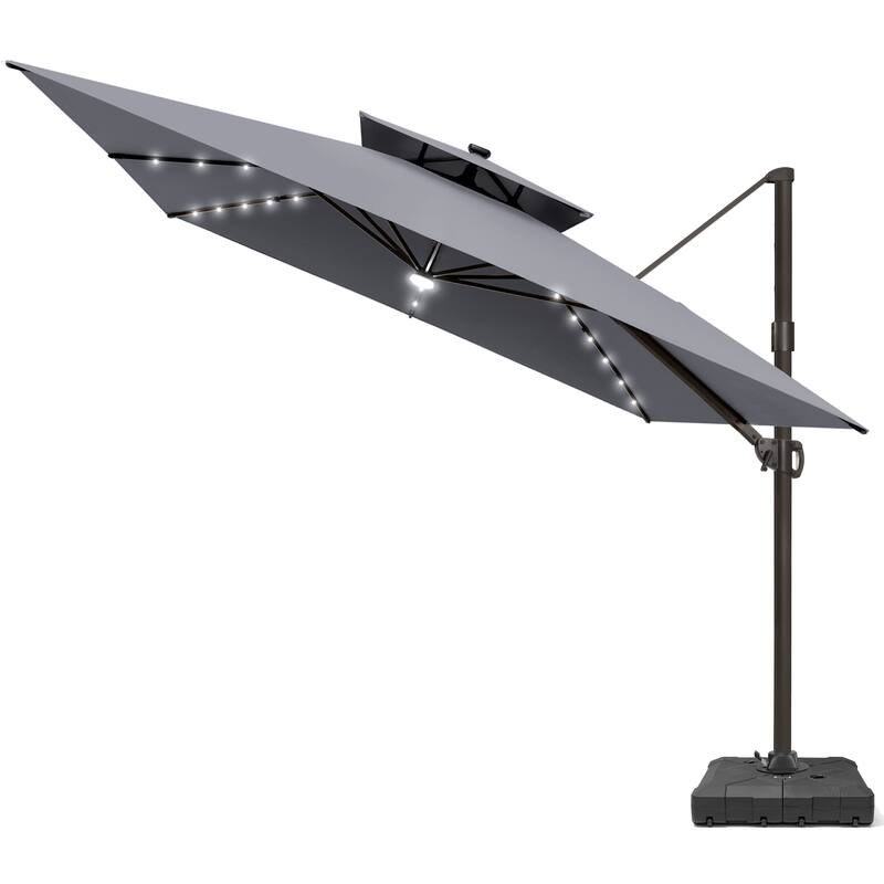 11 FT Square Outdoor Patio Cantilever Umbrella with Solar Lights Wheeled Base Double Canopy 360 Rotation Tilt