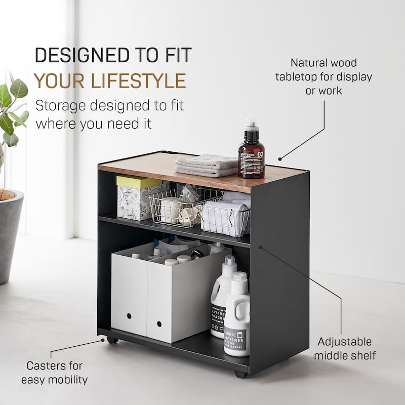 Yamazaki Home Mobile Hideaway Storage Cart, Steel and Wood, Wheels - L 13.9 x W 23.74 x H 23.23 inches