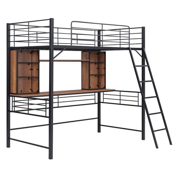 slide 2 of 10, Twin Size Metal Loft Bed with Desk Desk and Shelf, Black Black - Twin
