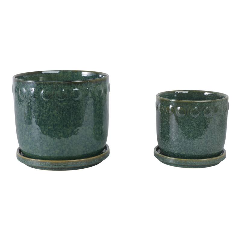 Ceramic Planter with Saucer, Bubble Trim Design - Set of 2, 8",6", Green