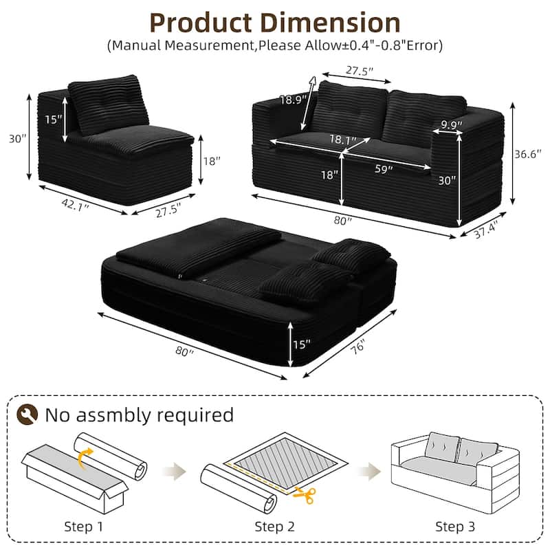 Convertible Floor Sofa Bed with Chaise Lounge, Corduroy 3-in-1 Sofa, Sofa to Bed with Dual-Purpose Blanket, No Assembly Required