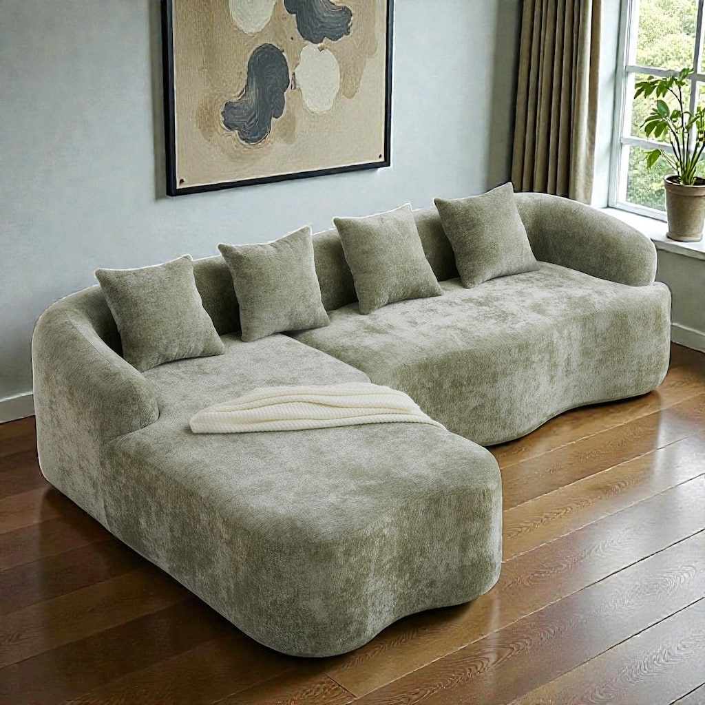 Full Compression L Shaped Sectional Sofa with Curved Chaise, Modular Chenille Couch for Apartment Living Room