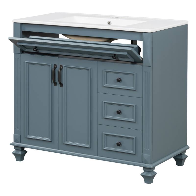 Roomfitters 36" Bathroom Vanity with Sink, Flip-Out Drawer, 3 Drawers, Soft-Close Doors, Solid Wood Cabinet