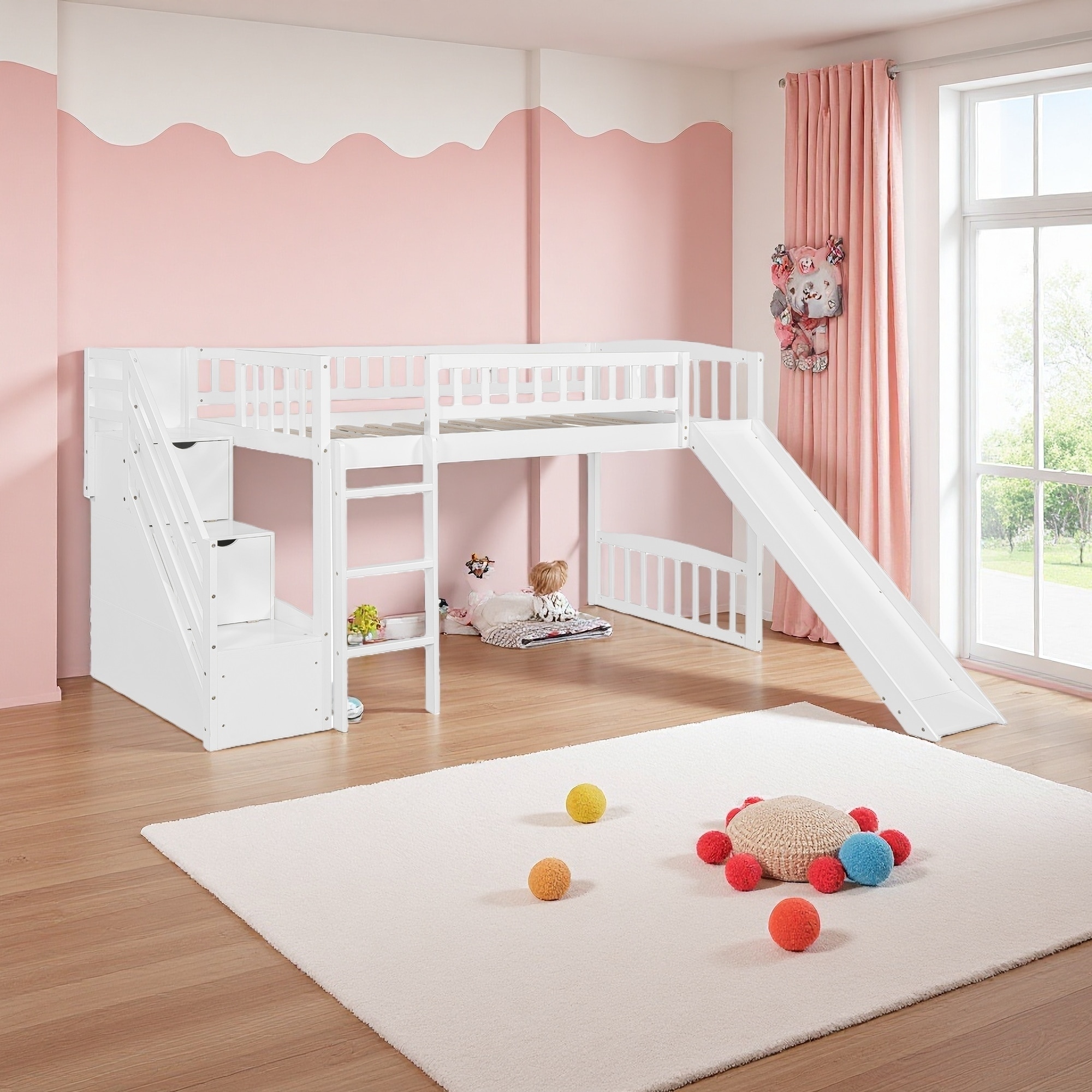 Twin Wood Loft Bed with Staircase, 2 Drawers & Slide