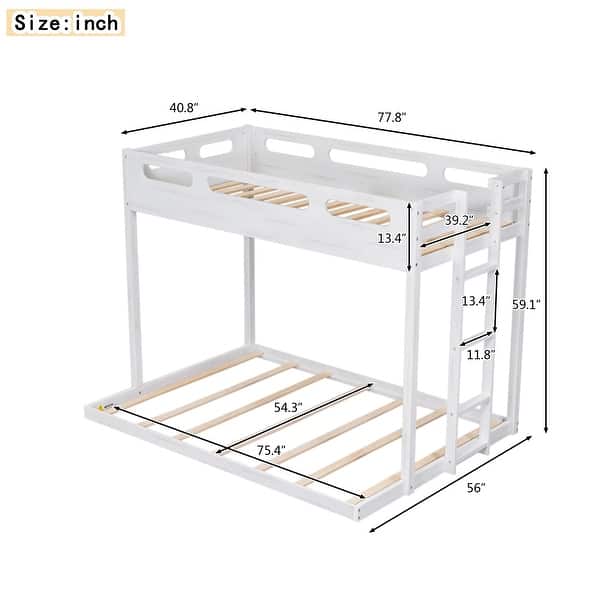 White Twin over Full Solid Wood Bunk Bed with Built-in Ladder
