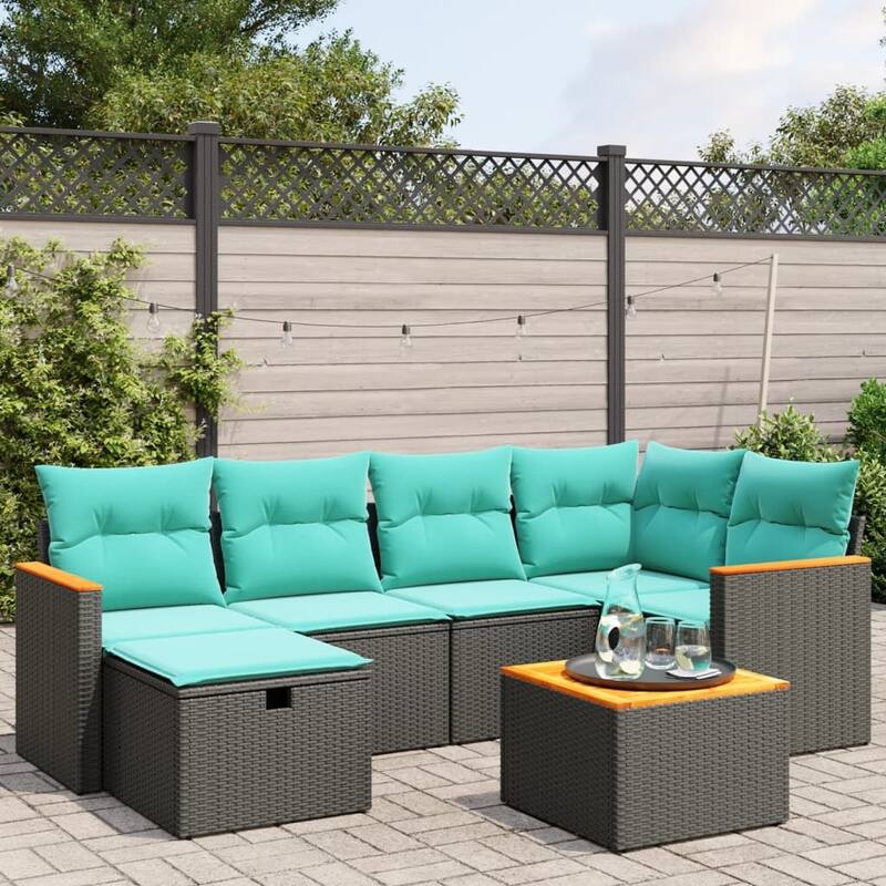 vidaXL Patio Sofa Set with Cushions Outdoor Conversation Furniture Poly Rattan - Black without storage - 24.4" x 24.4" x 27.2"
