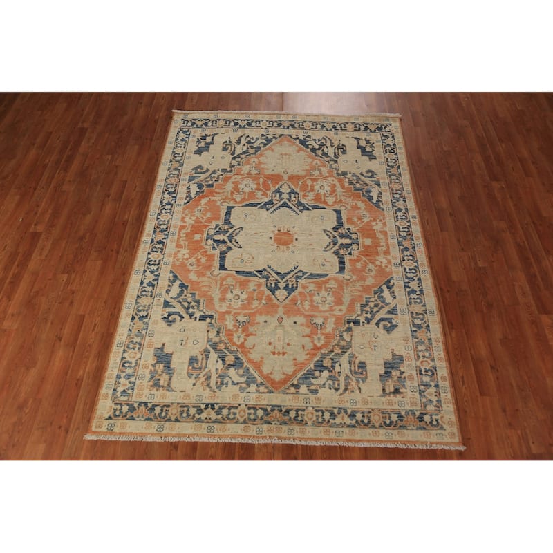 Orange & Blue Heriz Serapi Vegetable Dye Rug Hand-Knotted Wool Carpet - 5'5"x 7'7"
