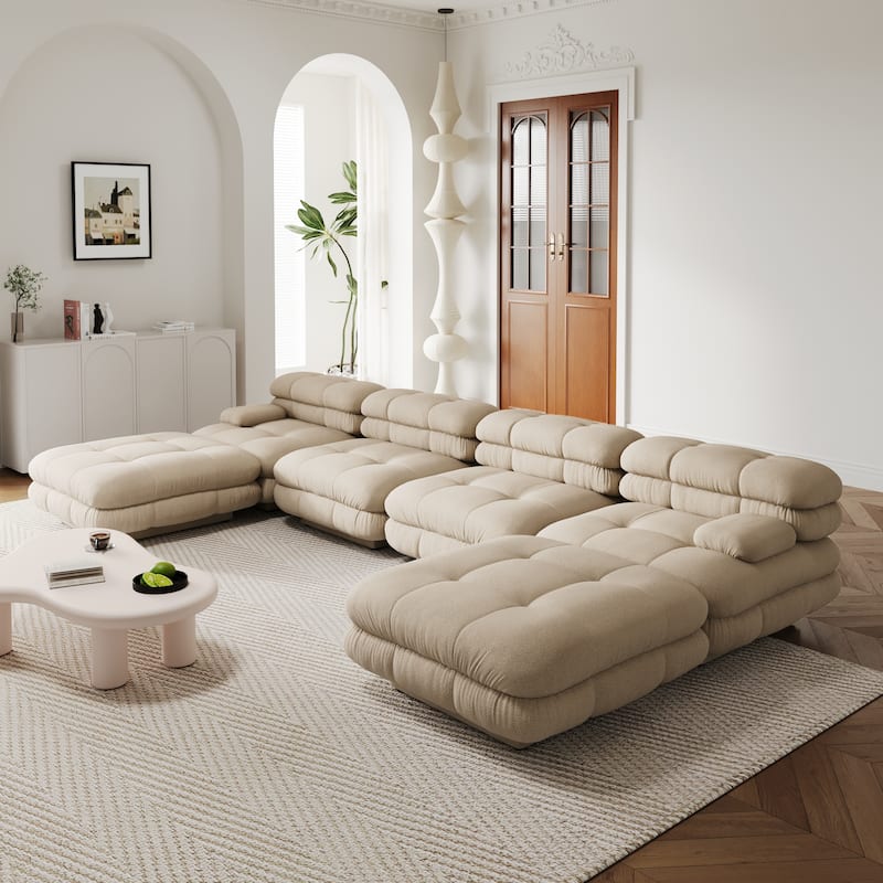 Large Modular Sectional Sofa Teddy Velvet Fabric Upholstery U-Shaped 4 Seater with 2 Ottoman - Light Brown