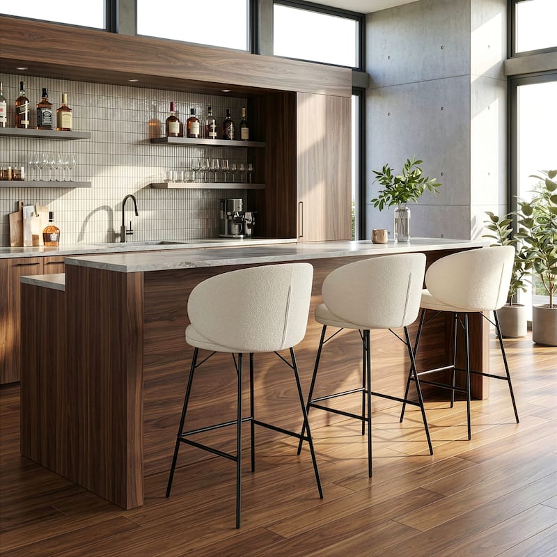 Set of 2 Baxter White Boucle Fabric Bar Stool with Black Iron Legs