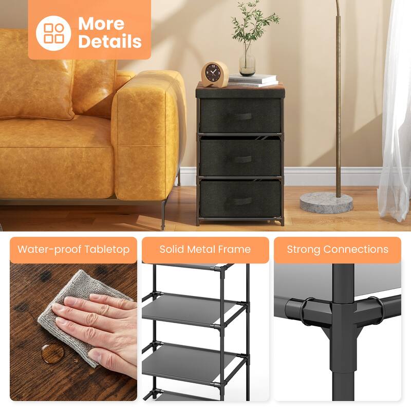 Gymax 2PCS Fabric Bedside Table 3 Drawers Nightstand Small Dresser