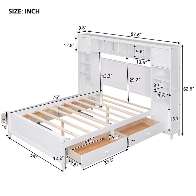 Full Size Platform Bed with All-in-One Cabinet and Shelf, Wooden Full Beds Frame with 4 Storage Drawers and Bookcase Headboard