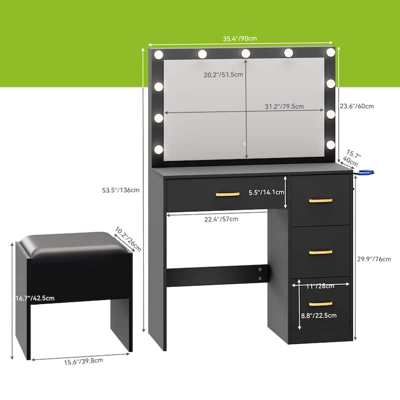 Moasis Makeup Vanity with 4 Drawers - 35.4"L x 23.6"W x 53.5"H