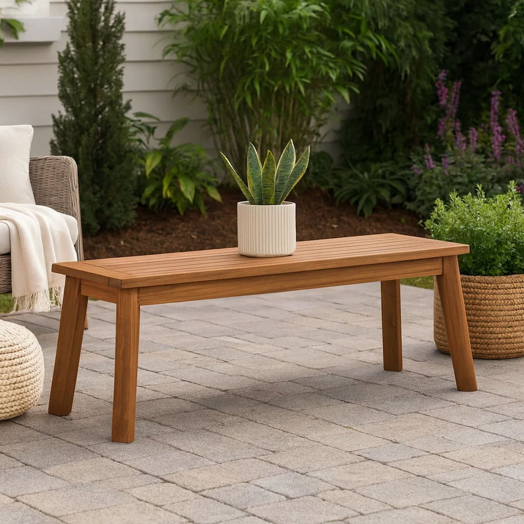 47 Inch Rectangular Bench, Natural Acacia Wood, Slatted Seat, Angled Legs