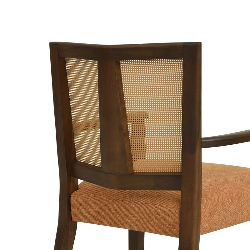 Set of 2 Modern Wooden Arm Dining Chairs with Rattan Backrest, Upholstered Fabric Seat, Rubberwood Frame