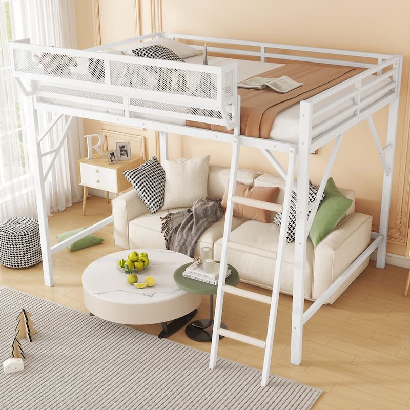 Full Size Loft Bed with Ladder, Metal Full Loft Bed with Storage Shelves, High Loft Bed for Kids Teens