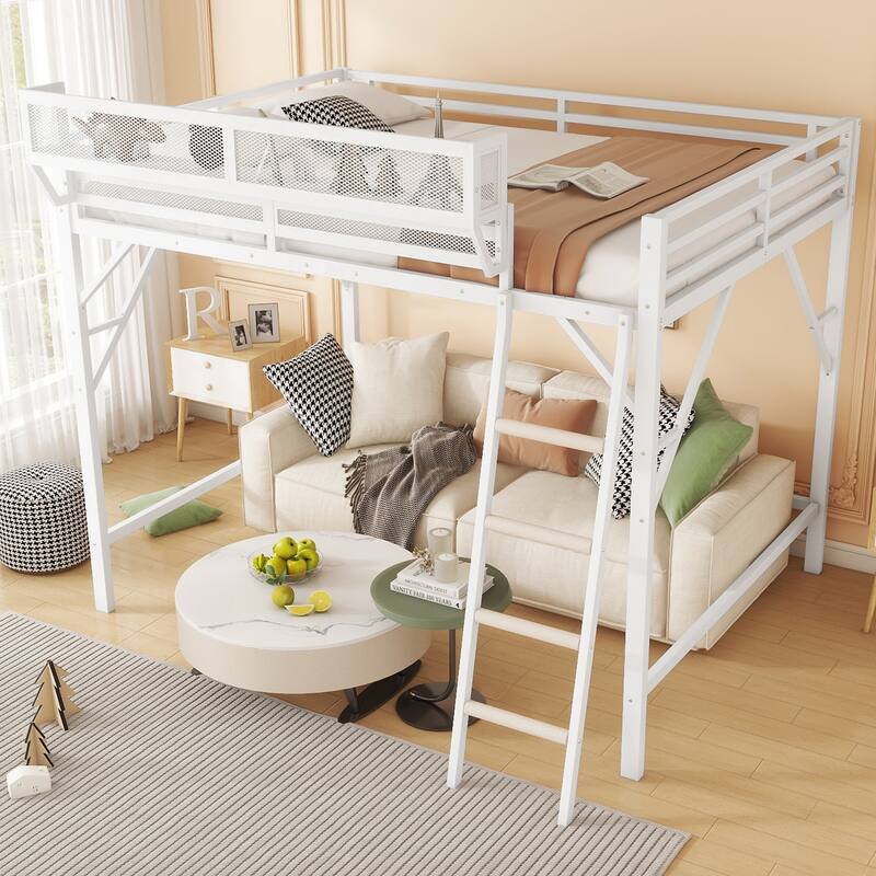 Heavy Duty Metal Loft Bed Frame with Guardrails and Storage Shelves