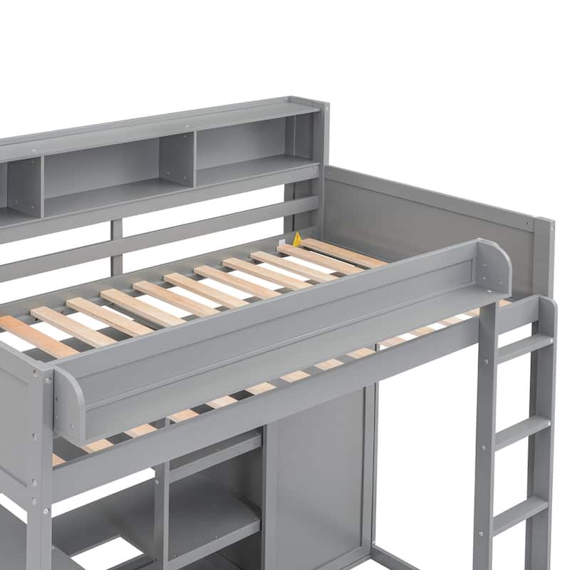 Twin Size Loft Bed with Storage Shelves, Wardrobe, and Built-in Desk, Gray