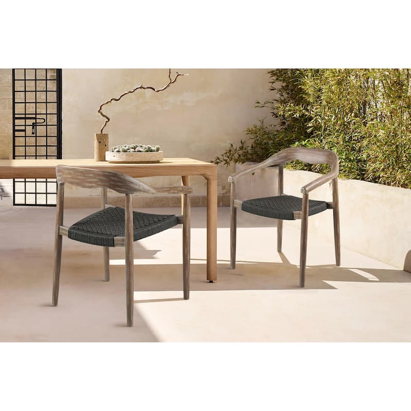 Mid-Century Solid Eucalyptus Wood and Rope Outdoor Patio 5 Piece Round Dining Set