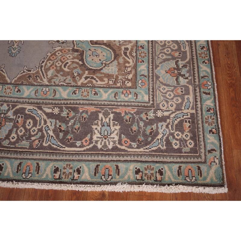 Hand Knotted Oriental 100% Wool Carpet Traditional Medallion Greys & Charcoal Tabriz Area Rug - 9' 8'' X 6' 5''