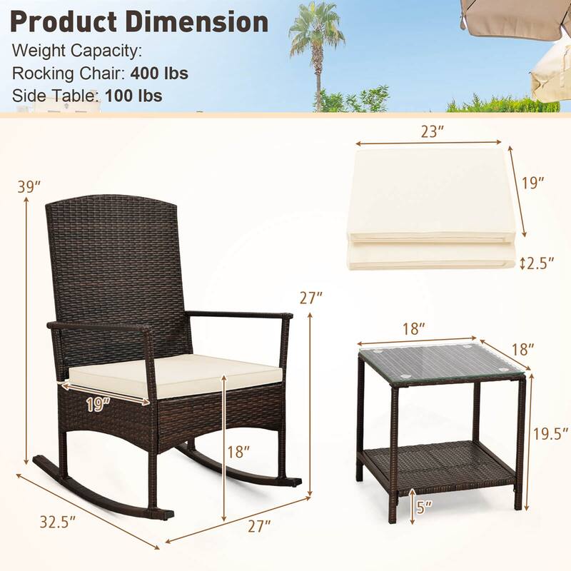 Costway 3 Piece Patio Rocking Set Wicker Rocking Chairs with 2-Tier - See Details