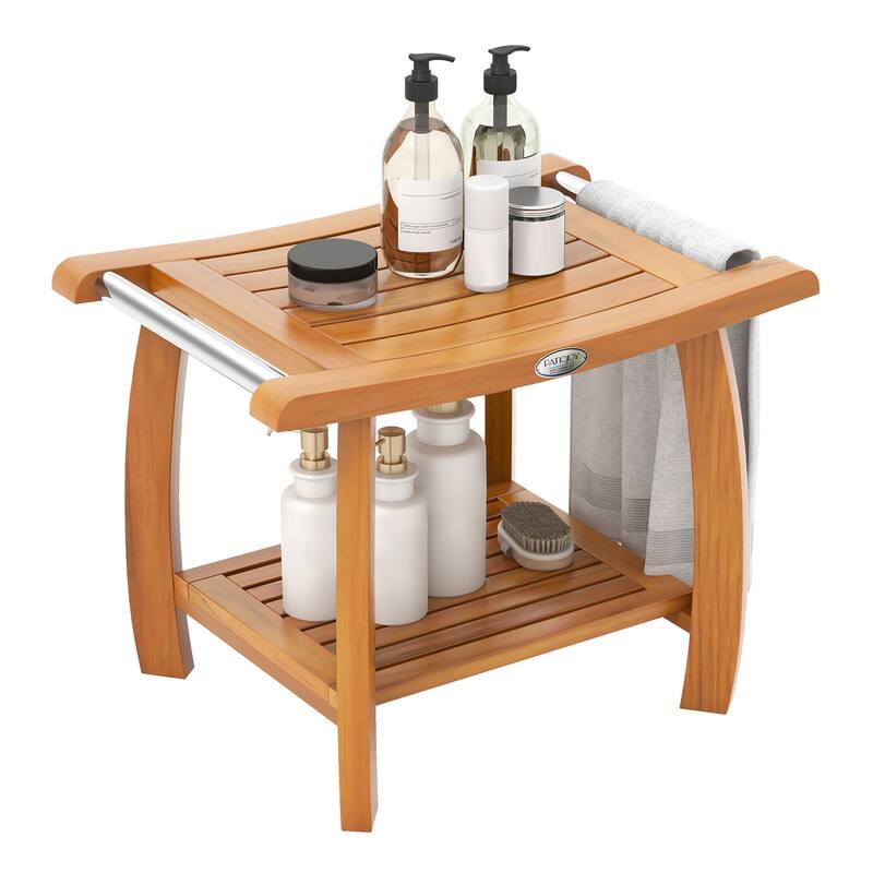 Gymax Teak Wood Shower Bench 2-Tier Wooden Shower Stool w/ Curved Seat - Brown - Wood Finish