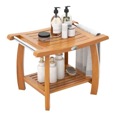 Gymax Teak Wood Shower Bench 2-Tier Wooden Shower Stool w/ Curved Seat